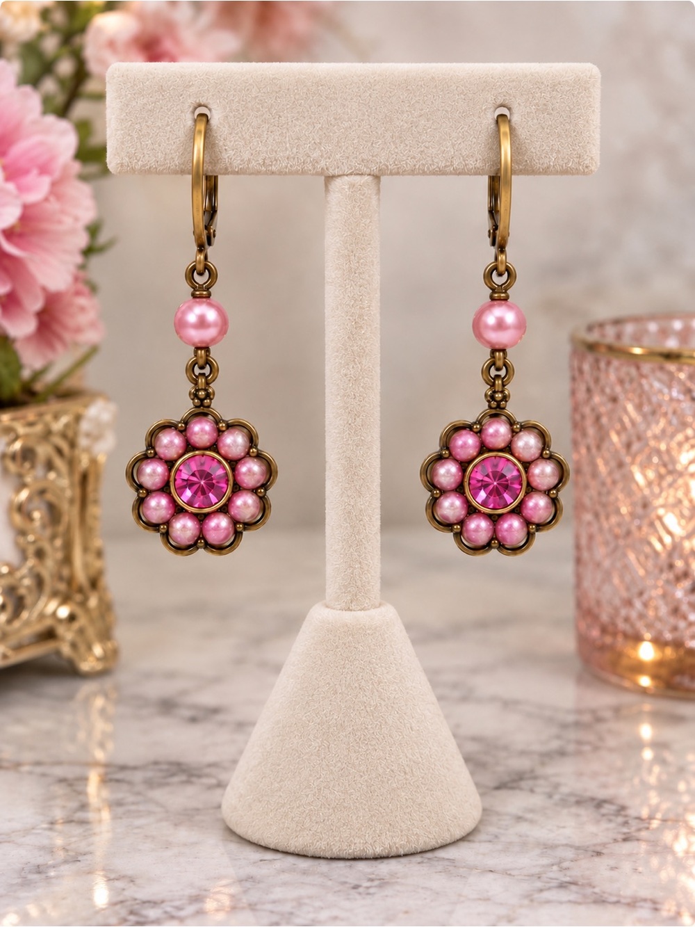Avon Pink Floral Dangle Earrings Rhinestone & Faux Pearl Antique Gold Tone
